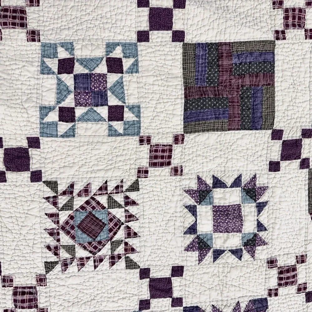 VTG Irish Chain Quilt Feedsack Farmhouse Cottage Purple Blue 81x81 Excellent!